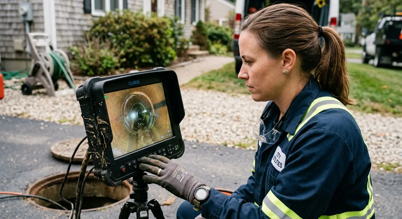 Technician reviewing sewer camera inspection footage in Steamboat Springs
