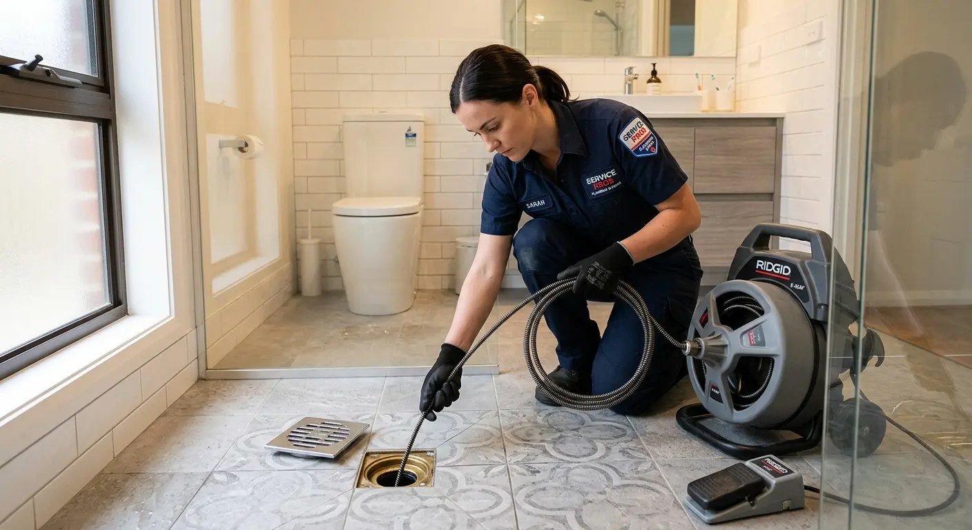 Technician clearing a bathroom floor drain for Sewer Line Replacement in Steamboat Springs